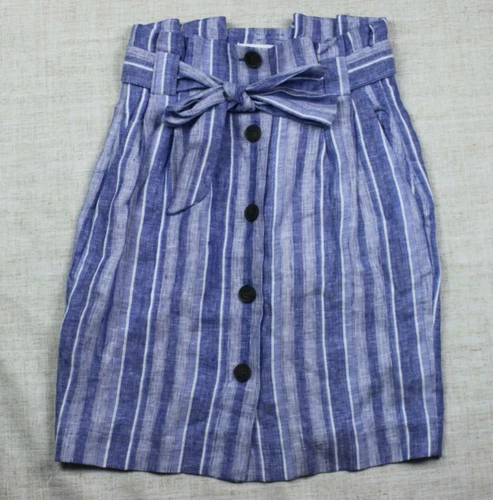 H&M Linen Blend Paperbag Skirt sz 2 Button Front Knee Length Blue Stripe m4