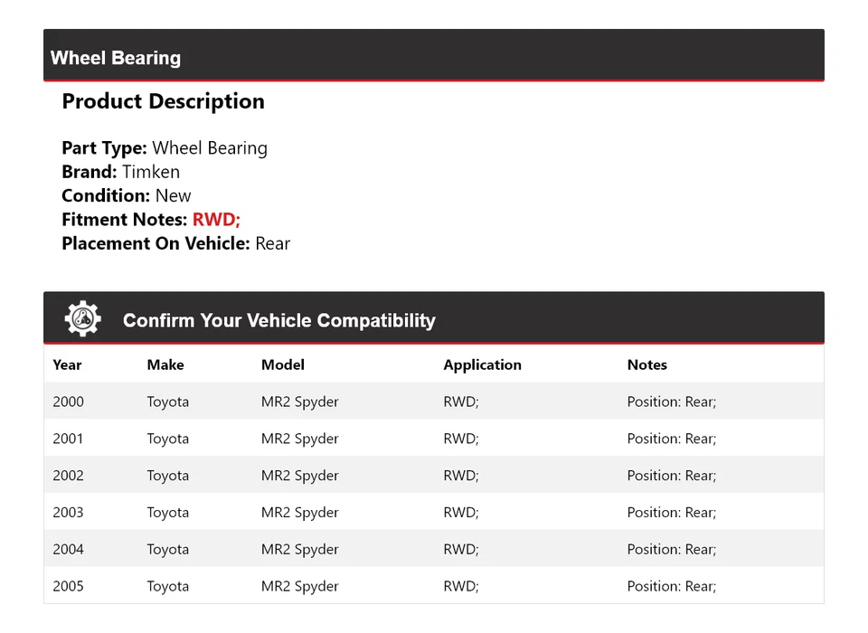 Cojinete de rueda trasero Timken 2001 2002 2003 para Toyota MR2 Spyder 2000-2005 tracción trasera Foto 2 de 4