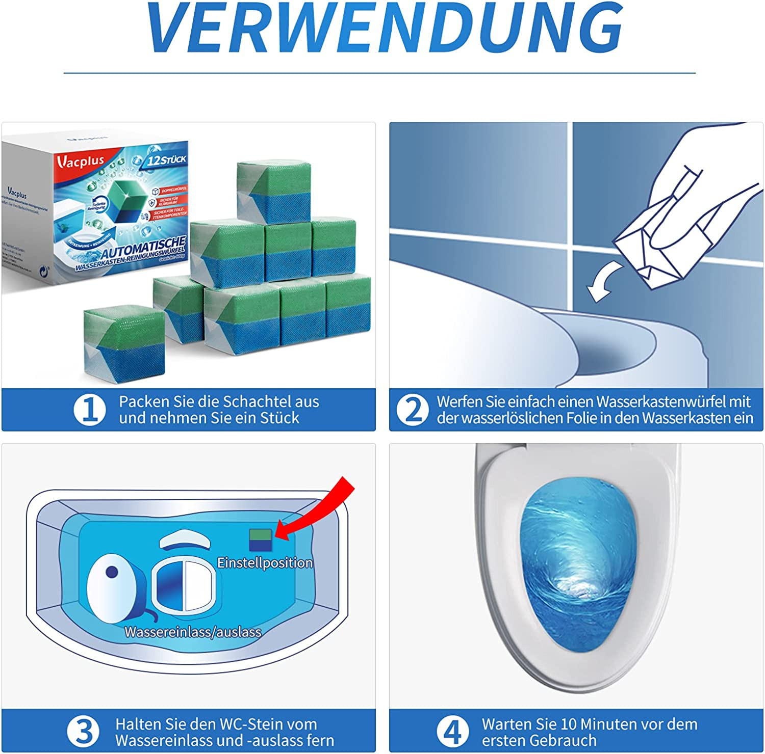 Vacplus WC Reiniger Duo-Aktiv Reinigungswürfel Für Wasserkästen, 12 Stück, Extra