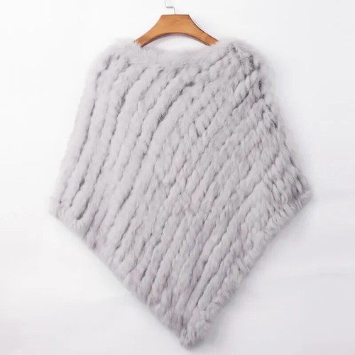 Women Knitted Genuine Real Rabbit Fur Poncho Wraps Shawls Pullover Capes - Picture 9 of 22