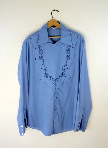 Vintage Stage West by Prior Frontier Shirt Embroidered 70s Western Chambray Bib
