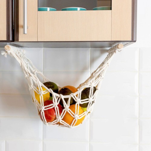 Macrame Woven Fruit Hammock Holder Cotton Under Cabinet Hanging Net Basket DS - Picture 8 of 14