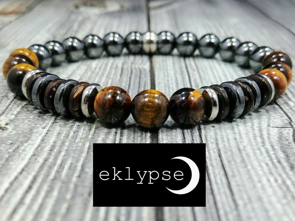 Pulsera con cuentas de piedras preciosas de hematita 8"L ojo de tigre + madera de palma + piedras preciosas de 8 mm Foto 4 de 4