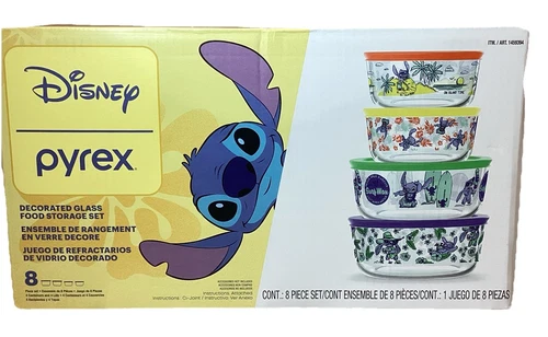 Disney Pyrex Stitch Glass Food Decorated Storage Bowl & Lid Set 8 Pieces NEW
