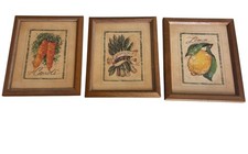 Vintage 90s Printed Wooden Framed Wall Art Set of 3 Vegetables And Fruit