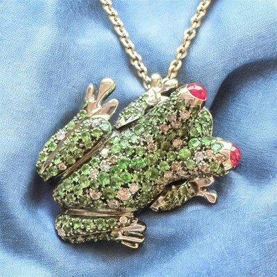 Large Roberto Coin 18k Gold Diamond Ruby Tsavorite Frog Pendant w Chain Necklace