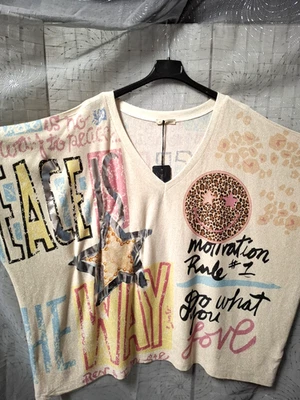 italy T-Shirt ca 44 46 48 50 52  NEU Glitzer Shirt Peace Love Leo beige - Bild 1 von 4