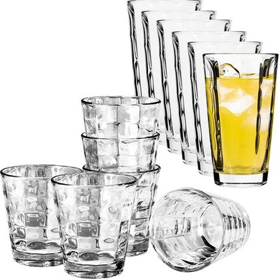 12er Trinkglas Set [ in Diamant Optik ] 6x Wasser Glas stapelbar & 6x Longdrink