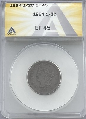 1854  Braided Hair Half Cent - ANACS XF45 EF45