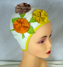 Vtg 60s Kleinerts Sava-Wave Rubber Bathing Swim Cap MOD Flowers Yellow Orange