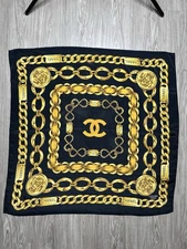 Vintage Authentic Chanel 100% Silk Large Square Scarf Rolled Edge 34"-34" Chain