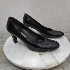 Salvatore Ferragamo Womens Black Croc Embossed Patent Leather Mid Heel Pumps 9 B