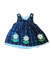 VTG Baby Girl Dress Daisy Appliqué Preppy Plaid Good Lad Navy USA Sz 12 Mths