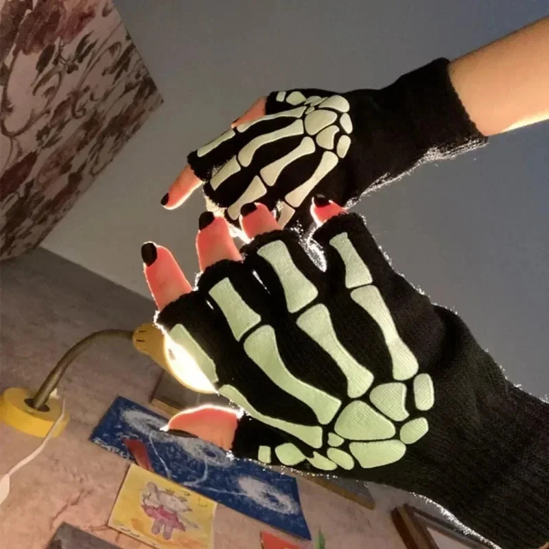Punk Halloween Handschuhe Skelett Halb Finger Leuchtend Stretch - Bild 2 von 4