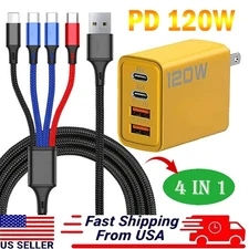 120W 4-Port USB C Fast Wall Charger Block ,PD 4FT Cable For All Cell Phone iPad 