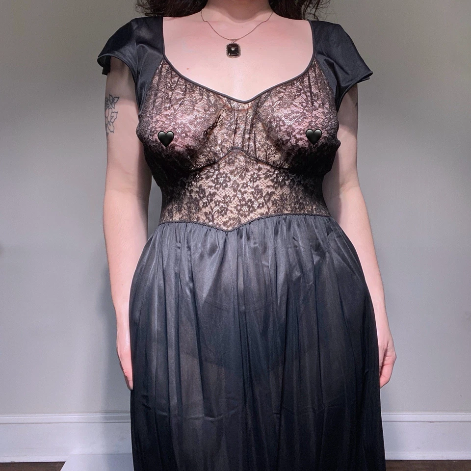 Maxi Vestido Sin Mangas Vintage Años 50 “Van Raalte” Negro Encaje Transparente Corte Sesgado Talla M Foto 3 de 4