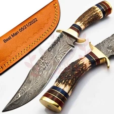 10" Personalized Damascus Steel Knife Fixed Blade Full Tang Dear Antler Handle