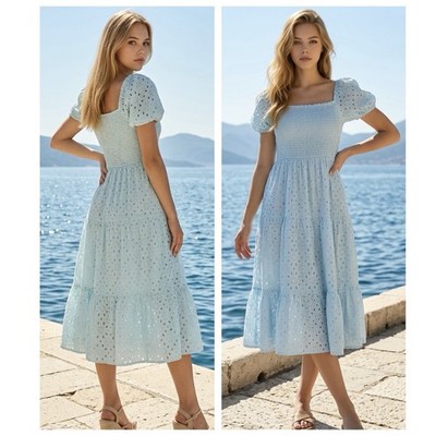 Prettygarden Women Sz XXL Smocked Square-Neck Eyelet Midi Dress in Light Blue