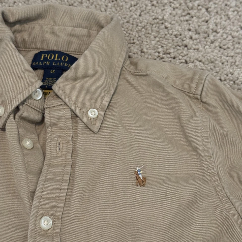 Polo Ralph Lauren Shirt Dress Girls 6X Khaki Preppy Button Front Pony Logo - Image 3 of 4