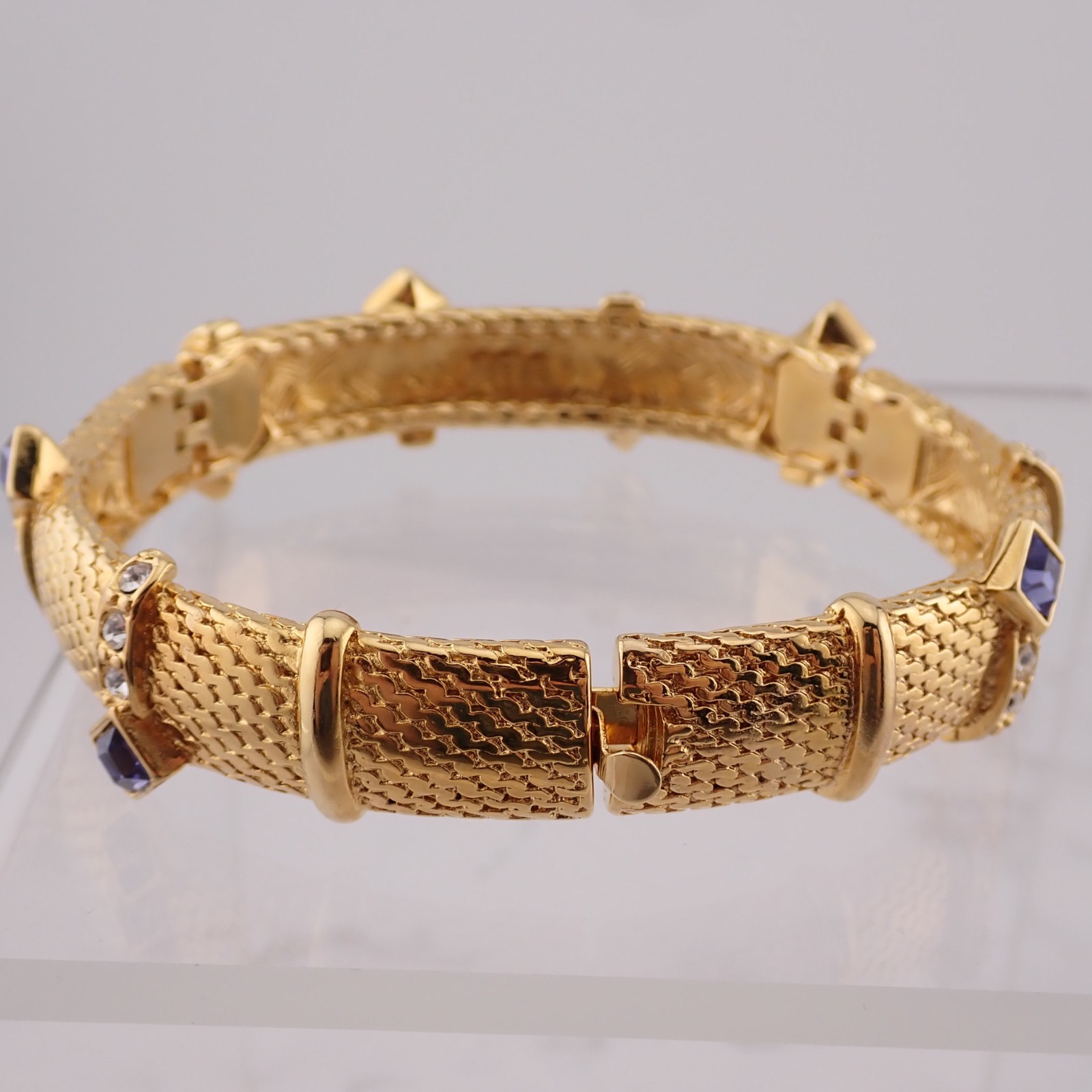 Vintage JBK Camrose & Kross Purple Crystal Gold Tone Mesh 7 3/4" Bangle Bracelet