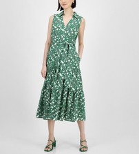 Tahari ASL Women’s Sleeveless Tie Waist Collard Shirtdress Sz 14 Green $159 NWT