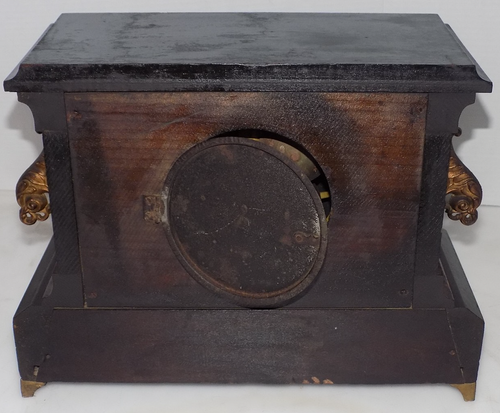 ANTIQUE- E. INGRAHAM CO. WIND UP BLACK WOODEN TAMBOUR MANTLE CLOCK - Picture 5 of 14