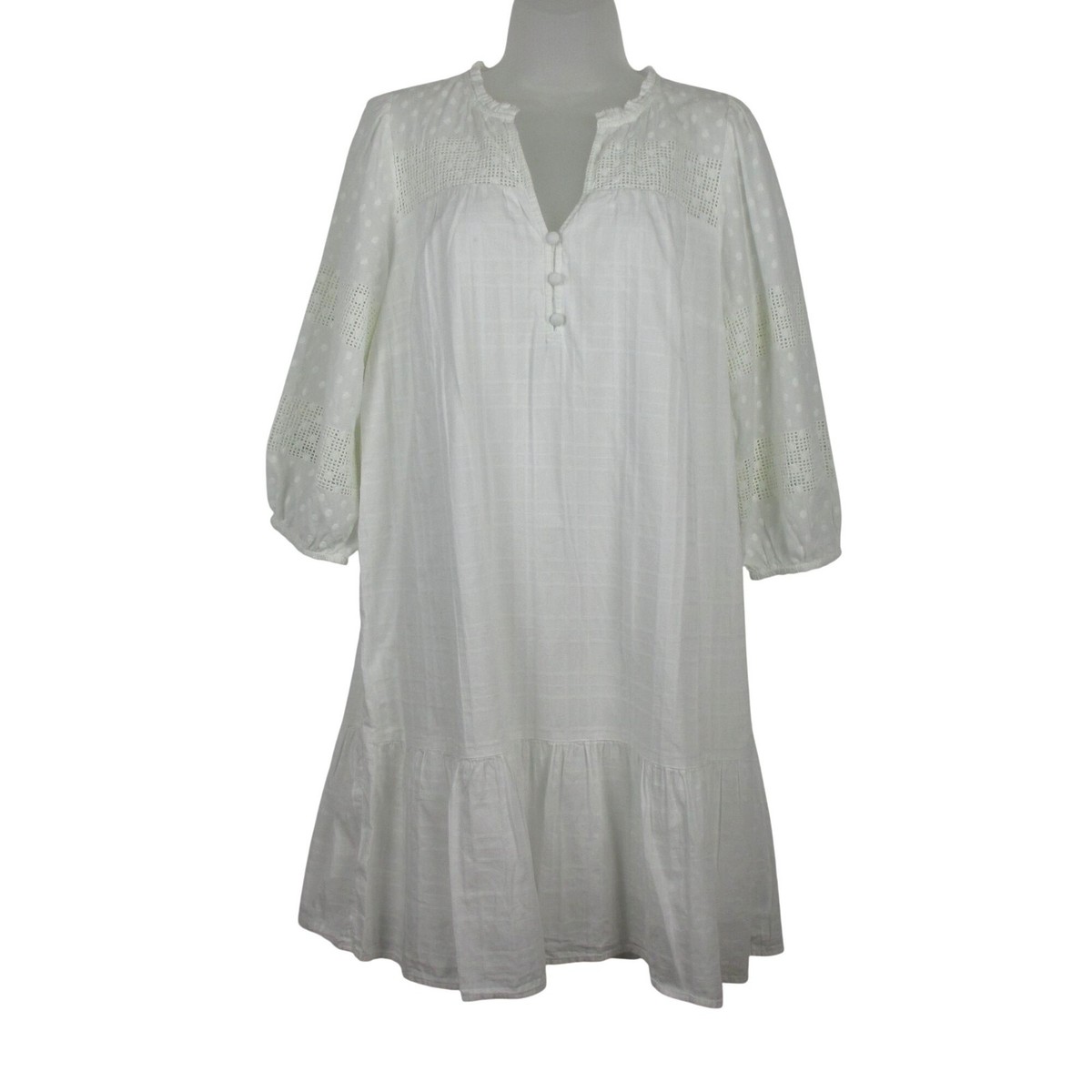 Loft White Cotton Boho Midi Dress With Polka Dot & Crochet Details Size L Demure