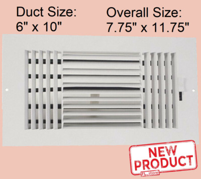 Plastic Air Register AC Heat 6 x 10'' Duct Size 3-Way White Wall Ceiling Vent NEW
