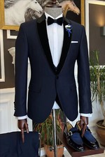 Men's Navy Blue Shawl Lapel Luxury Evening Party Groom Prom Tuxedo Wedding Suit