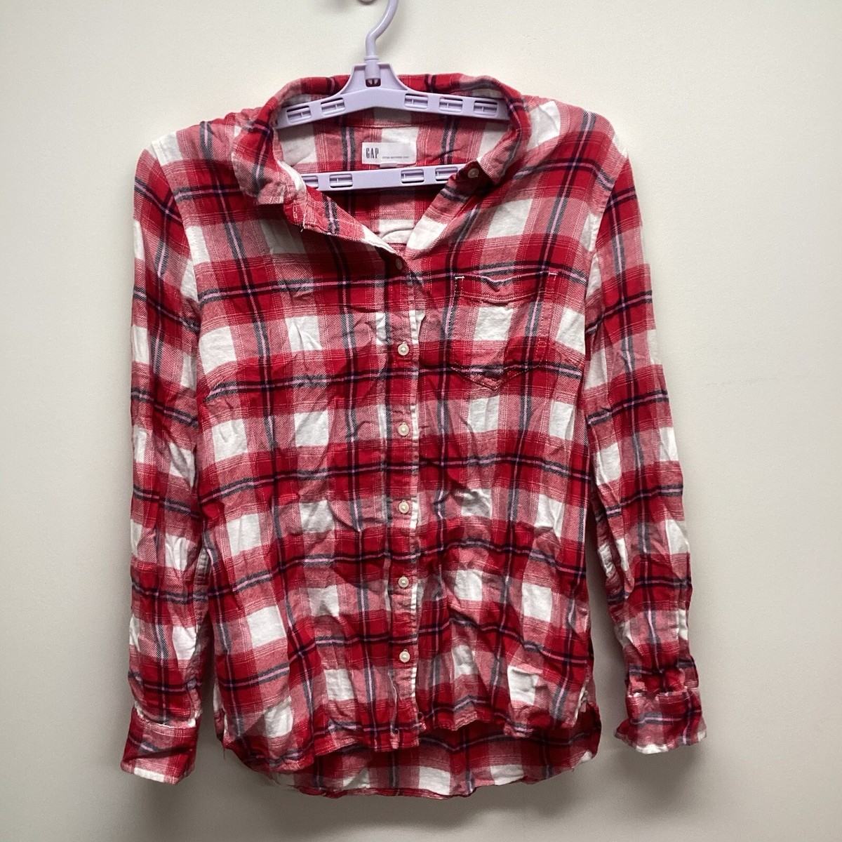 Gap Womens Button Up Shirt Sz L Long Sleeve Plaid Fitted Boyfriend Shirt