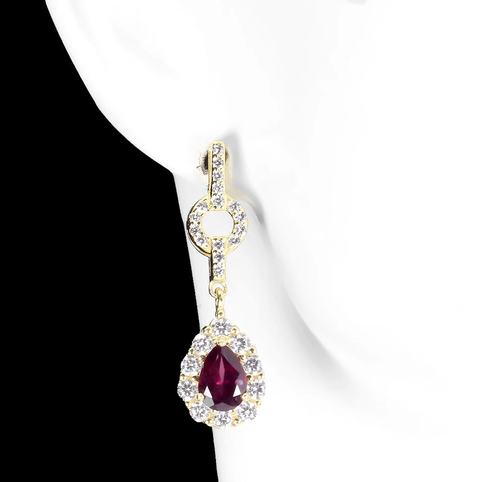 925 Sterling Silver Pear Rhodolite Garnet 7x5mm Simulated Cz Earrings - Image 2 of 4