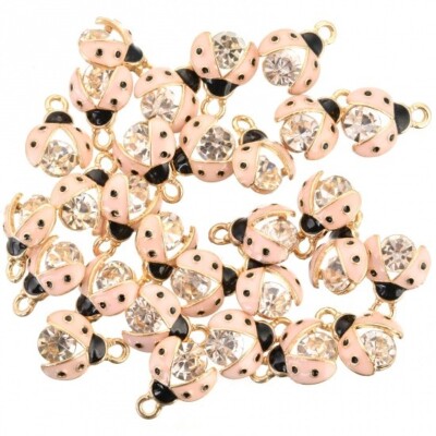 5 schöne goldfarbene rosa Marienkäfer Charm Anhänger klare Strassdetails