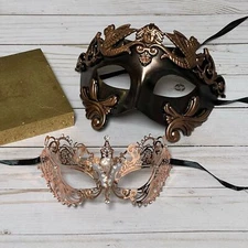 Couple Rose Gold Bronze Roman Lover 2X Masquerade Mask for Party Ball event