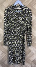 Hobbs Wrap Over Shirt Dress Collar Green/Black Geometric Print Waist Tie Size 12