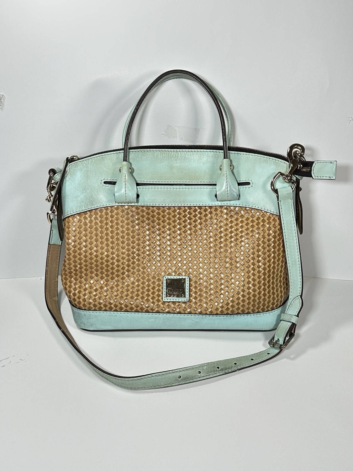 Dooney & Bourke Beacon Woven Embossed Domed Satchel Bag Pale Blue Distressed