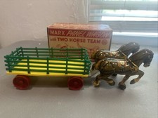Vintage Marx Panel Wagon Toy with Two Horse Team Original Box 1950s Rare W/sides