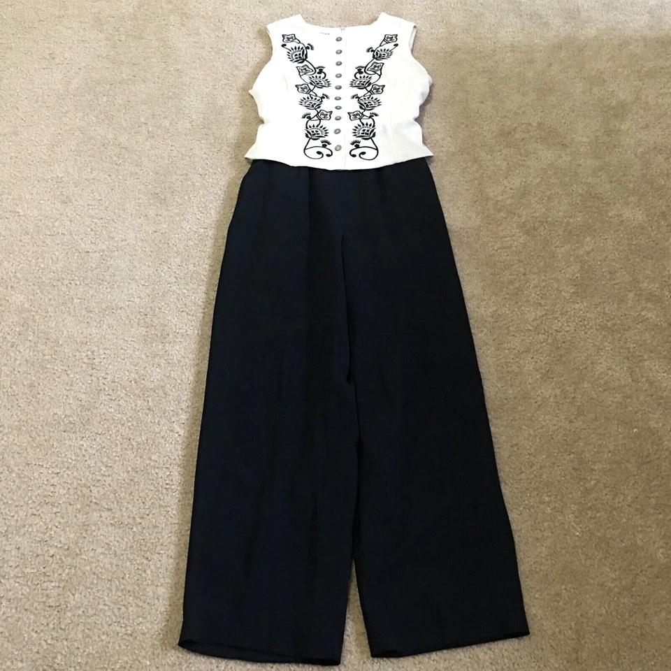 Mono Evan Picone para mujer talla 12 negro marfil bordado con botones pierna ancha Foto 3 de 4