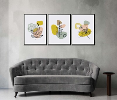 Leaves & Color Shapes Abstract Vector Set of 3 Poster Prints Unframed QUALITY