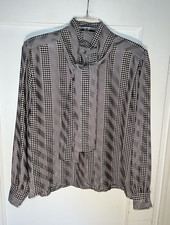 Louis Feraud Vintage Silk Blouse Bow Herringbone Striped Gray US 8 EU 40 d736