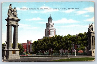 Postcard CO Denver Sullivan Gateway City Park East High Elmer C Clark Clock D8
