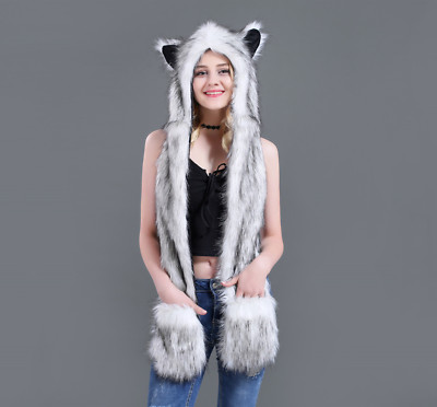 White Wolf Husky Full Animal Hood Hoodie Hat Faux Fur 3 in 1 Function
