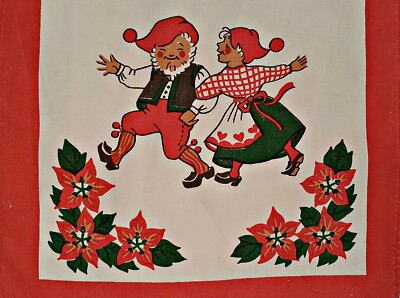 VINTAGE AMI CHRISTMAS DECORATION DWARFS PRINT RED COTTON COASTER PLACEMATE DOILY