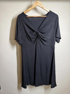 Schwarzes kurzärmliges Kleid mit V-Ausschnitt und Knotendetail 2XL Shien