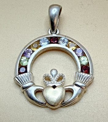 Solvar Ireland Sterling Silver Claddagh Pendant Gemstones Gold Filled Accents
