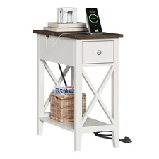 Farmhouse End Table with Charging Station, Accent Small Side Table Nightstand...