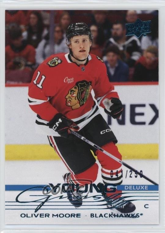 2025-26 Upper Deck Series 1 Young Guns Deluxe 41/250 Oliver Moore #216 Rookie RC
