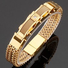 Men's 12MM Gold Color Stainless Steel Square Franco Link Bracelet with Magnet