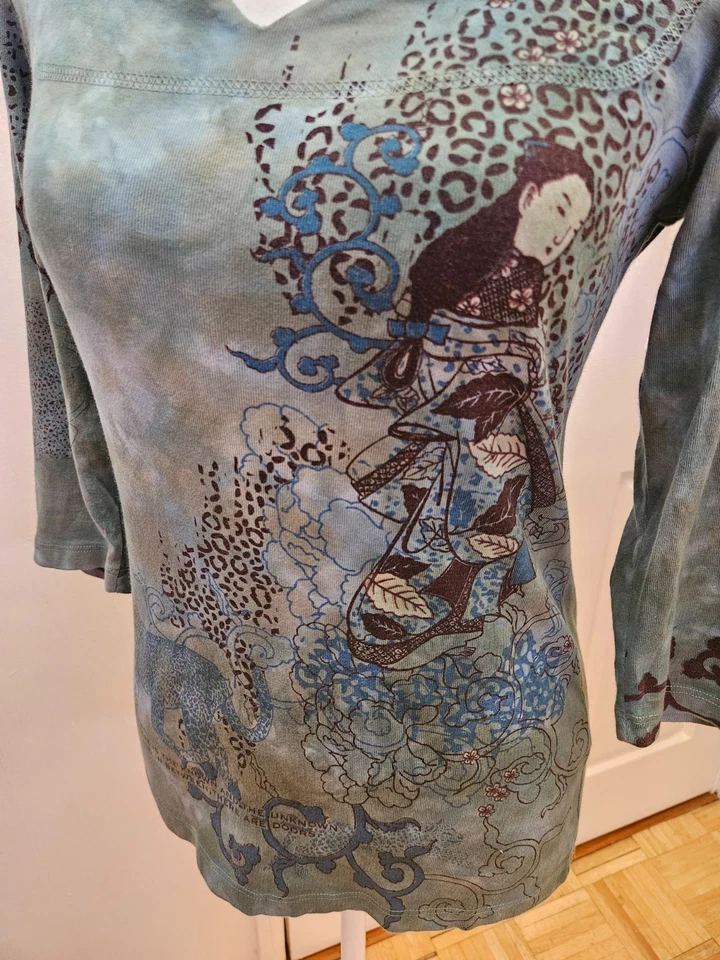 NUEVA Y2K GLIMA Blusa Top Verde Azul Estampado Tie Dye Asiático Jaguar Algodón S Foto 4 de 4