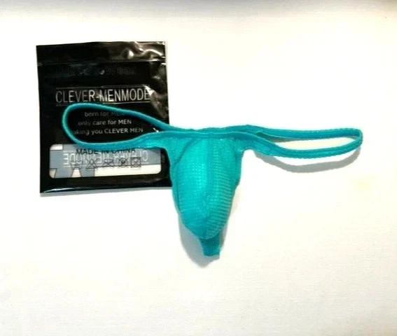 Men's Size L (USA-M) Sheer See Through T-Back Thong - Aqua - Waffled Fabric