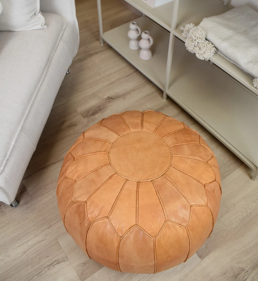 Scandinavian Leather Pouffe XL Brown- Delivered Stuffed, Ottoman, Footstool - Image 2 of 4